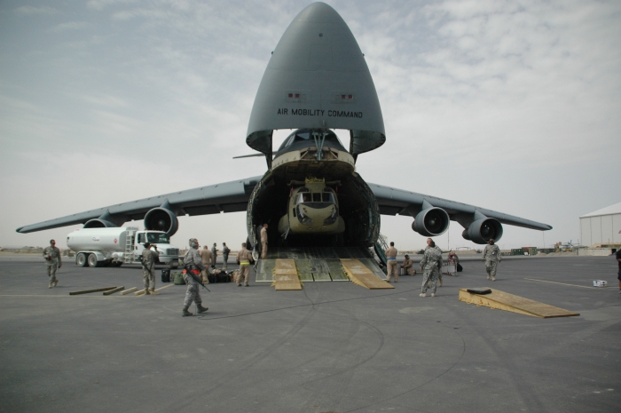 16 April 2009: CH-47F Chinook helicopter 06-08028 transported to Afghanistan by U.S. Air Force C5 "Galaxy" - a strategic air (STRATAIR) asset.