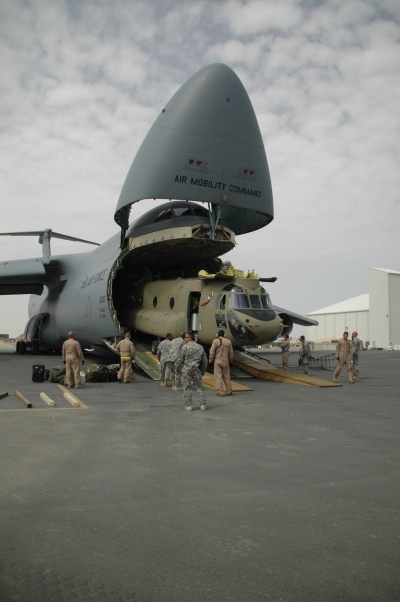 16 April 2009: CH-47F Chinook helicopter 06-08028 transported to Afghanistan by U.S. Air Force C5 "Galaxy" - a strategic air (STRATAIR) asset.