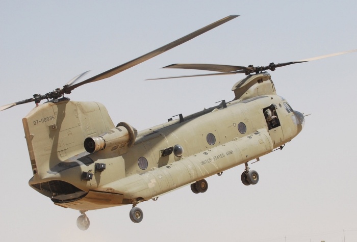 CH-47F Chinook helicopter 07-08035 prepares to land in the desert region of the Ma'dain, located outside of eastern Baghdad.