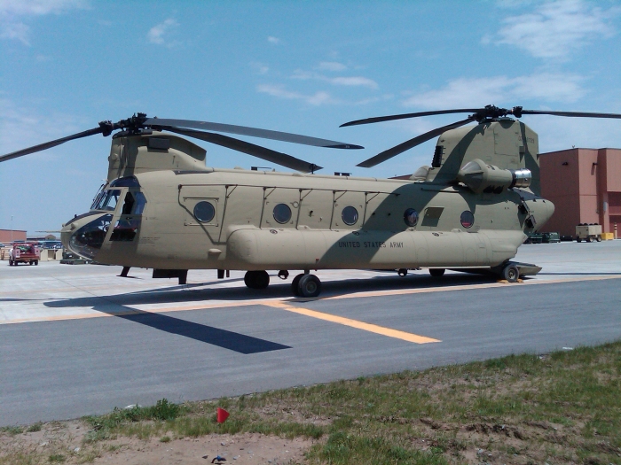 CH-47F Chinook helicopter 07-08729 sitting on Phoenix ramp at Wheeler-Sack Army Airfield, Fort Drum, New York, during the B Company - "Colossal", 3rd General Support Aviation Battalion, 10 Mountain Divison (B, 3-10 GSAB) fielding and train up in the Spring of 2010.