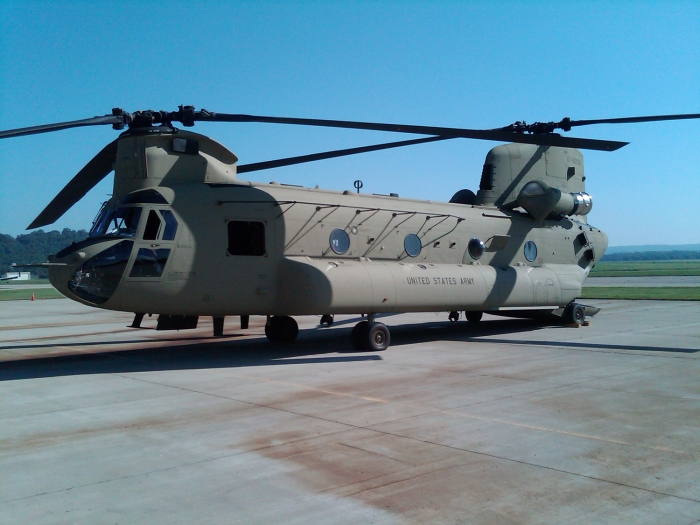 10 July 2010: CH-47F Chinook helicopter 07-08730 sitting on the ramp at Lunken Airport (KLUK), Ohio. The aircraft had just completed ATIRCM modification at Fort Campbell, Kentucky and was en route to Fort Drum, New York, during the B Company - "Colossal", 3rd General Support Aviation Battalion, 10 Mountain Divison (B, 3-10 GSAB) fielding and train up that began in the Spring of 2010.