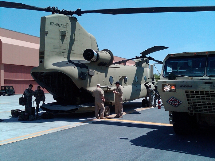 CH-47F Chinook helicopter 07-08732 refueling on Phoenix ramp at Wheeler-Sack Army Airfield, Fort Drum, New York, during the B Company - "Colossal", 3rd General Support Aviation Battalion, 10 Mountain Divison (B, 3-10 GSAB) fielding and train up in the Spring of 2010.