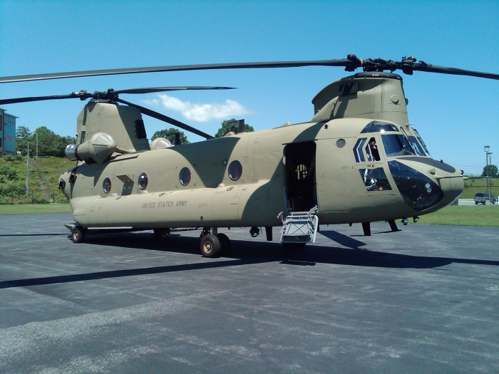 17 June 2010: CH-47F Chinook helicopter 07-08734 stopped for refueling at Lynchburg (KLYH), Virginia, en route to Redstone Army Airfield (KHUA) near Huntsville, Alabama for aircrew training utilization.