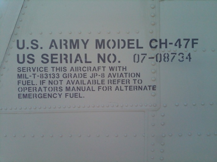17 June 2010: The aircraft data information on CH-47F Chinook helicopter 07-08734 when it stopped for refueling at Lynchburg (KLYH), Virginia.