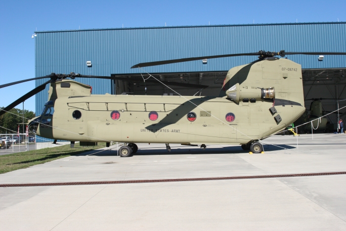 8 October 2010: CH-47F Chinook helicopter 07-08742 rests on the ramp and awaits some final maintenance and MWO installations at Millville Airport (KMIV), New Jersey, prior to delivery to the gaining unit.