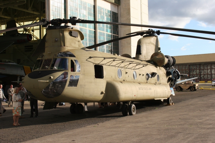 9 September 2011: CH-47F Chinook helicopter 07-08742 rests on the ramp outside the Pacific Aviation Museum on Ford Island in Pearl Harbor after the CH-47F Chinook helicopter Fielding Ceremony to commemorate the arriving of the aircraft to the active and national guard units at Wheeler Army Airfield.