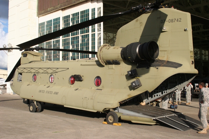 9 September 2011: CH-47F Chinook helicopter 07-08742 rests on the ramp outside the Pacific Aviation Museum on Ford Island in Pearl Harbor after the CH-47F Chinook helicopter Fielding Ceremony to commemorate the arriving of the aircraft to the active and national guard units at Wheeler Army Airfield.