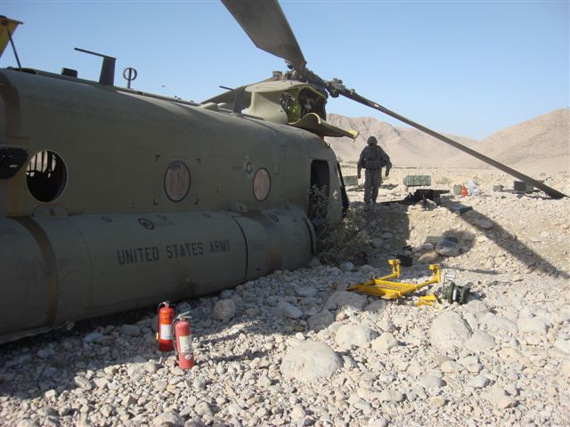 At the crash site: CH-47F Chinook helicopter 08-08042 after the hard landing in Afghanistan.