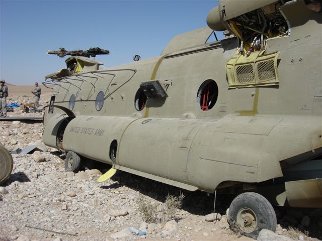 At the crash site: CH-47F Chinook helicopter 08-08042 after the hard landing in Afghanistan.