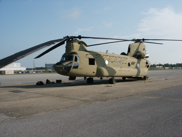 August 2009: CH-47F Chinook helicopter parked on the Assault Ramp parking area at Fort Campbell, Kentucky.