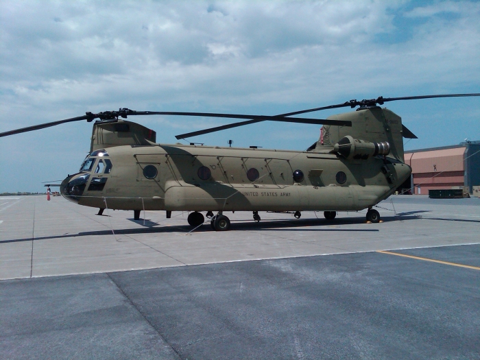 CH-47F Chinook helicopter 08-08052 sitting on South ramp at Wheeler-Sack Army Airfield, Fort Drum, New York, during the B Company - "Colossal", 3rd General Support Aviation Battalion, 10 Mountain Divison (B, 3-10 GSAB) fielding and train up in the Spring of 2010.