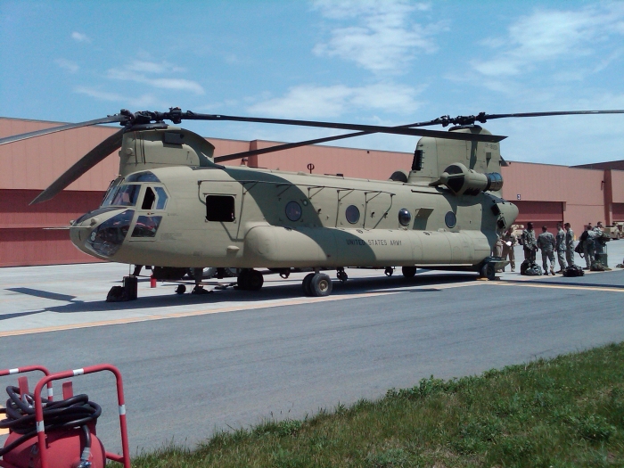 CH-47F Chinook helicopter 08-08053 sitting on Phoenix ramp at Wheeler-Sack Army Airfield, Fort Drum, New York, during the B Company - "Colossal", 3rd General Support Aviation Battalion, 10 Mountain Divison (B, 3-10 GSAB) fielding and train up in the Spring of 2010.