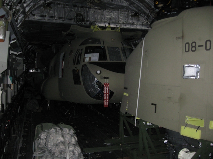 Somewhere over the Altantic Ocean, 08-08056 is loaded aboard a C-17 Globemaster III headed for Afghanistan.