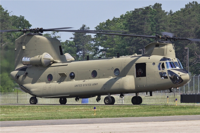 27 May 2011: A brand new CH-47F Chinook helicopter - tail number 08-08763, lands and taxis to the Boeing Ramp at Millville Municipal Airport (KMIV), Millville, New Jersey.