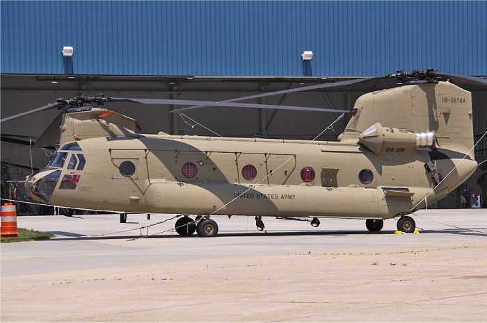 27 May 2011: Brand new CH-47F Chinook helicopter 08-08764 rests on the Boeing Ramp at Millville Municipal Airport (KMIV), Millville, New Jersey.