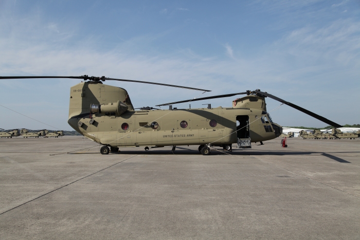 29 March 2012: A slightly used CH-47F Chinook helicopter 08-08764 rests on the ramp at Hunter Army Airfield, Fort Stewart, Georgia, awaiting its ferry flight departure to Alaska.