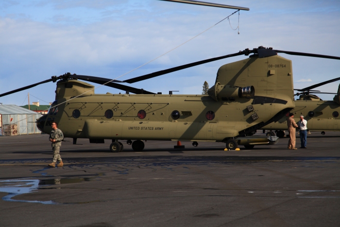 18 April 2012: CH-47F Chinook helicopter 08-08764 and flight arrives at Ladd Field, Fort Wainwright at approximately 3:30 PM.