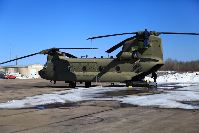 17 April 2012: CH-47F Chinook helicopter 08-08764 gets bedded down for the night at Fort Nelson, British Columbia, Canada.