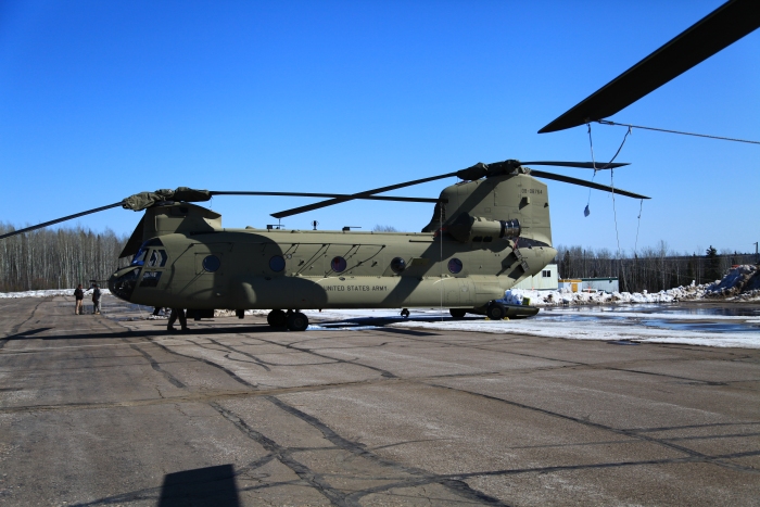 17 April 2012: CH-47F Chinook helicopter 08-08764 gets bedded down for the night at Fort Nelson, British Columbia, Canada.