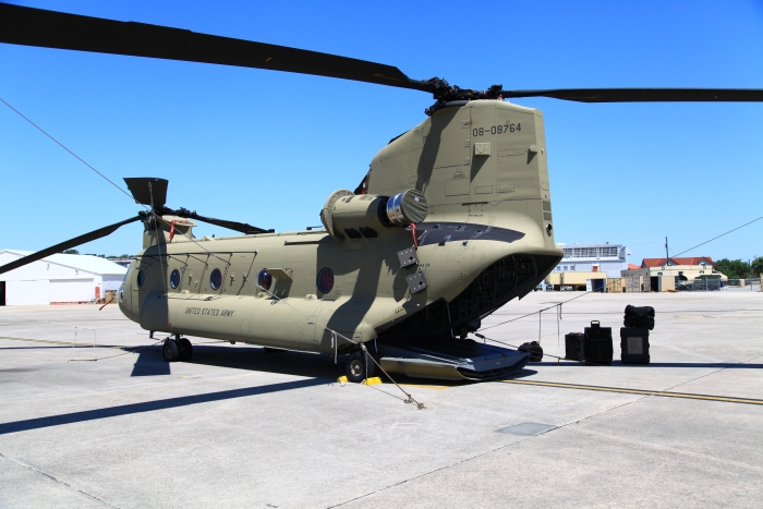 9 April 2012: CH-47F Chinook helicopter 08-08764 rests on the ramp at Hunter Army Airfield, Fort Stewart, Georgia, while undergoing final cargo loading for its ferry flight to Alaska.