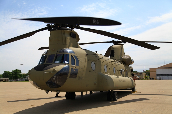 10 April 2012: CH-47F Chinook helicopter 08-08764 sits on the ramp near Base Operations at Campbell Airfield, Fort Campbell, Kentucky, during a full stop.