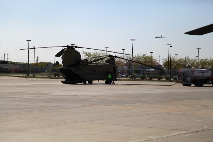 11 April 2012: At the first stop of the day, CH-47F Chinook helicopter 08-08764 receives fuel at Sioux City, Iowa.