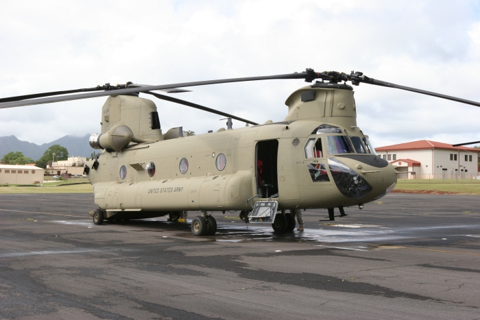 8 December 2011: CH-47F Chinook helicopter 08-08766 rests on the Army National Guard ramp at Wheeler Army Airfield, Oahu, Hawaii. 08-08766 was transferred to Company B - "Voyagers", 171st Aviation, in late November and utilized by members of the S3 Incorporated New Equipment Training Team (NETT) to support the aircraft qualification of unit aircrew members.