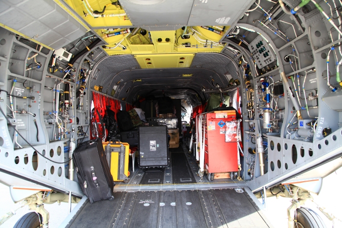 9 April 2012: CH-47F Chinook helicopter 08-08771 is nearly full with parts, tools and personal gear while parked on the ramp at Hunter Army Airfield, Georgia, awaiting the ferry flight to Alaska.