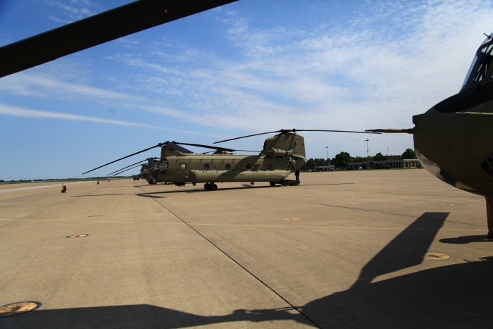 10 April 2012: CH-47F Chinook helicopter 08-08771 while parked on the ramp near Base Operations at Fort Campbell, Kentucky, during the first of many fuel stops.