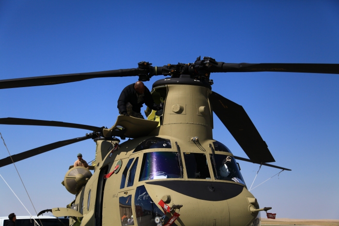 11 April 2012: CH-47F Chinook helicopter 08-08771 on the Army National Guard ramp at Rapid City, South Dakota. Each aircraft on the ferry flight was refueled and the Daily and Preflight Inspections completed prior to heading to the hotel every day.