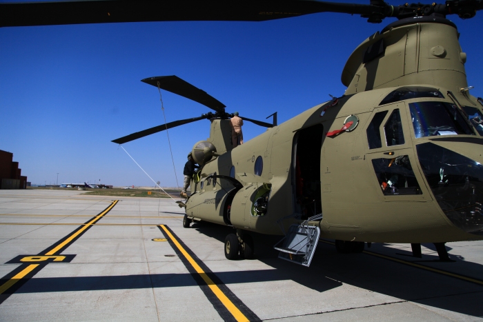 11 April 2012: CH-47F Chinook helicopter 08-08771 on the Army National Guard ramp awaiting fuel and an overnight stop at Rapid City, South Dakota.