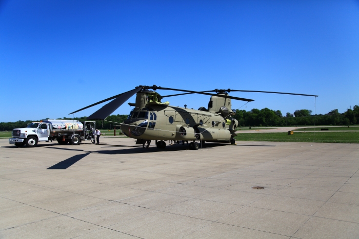 10 April 2012: CH-47F Chinook helicopter 08-08771 while parked on the ramp at the Spirit of St. Louis Airport for refuel and an overnight stop.