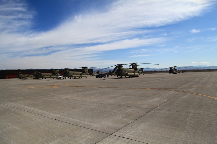 14 April 2012: All eight of the Sortie 1 and 2 CH-47F Chinook helicopters enroute to Alaska are shown on the ramp at the Army National Guard ramp at Helena Airport, in Helena, Montana. Four each Sortie 1 aircraft sit in the foreground (08-08711 is on the right).