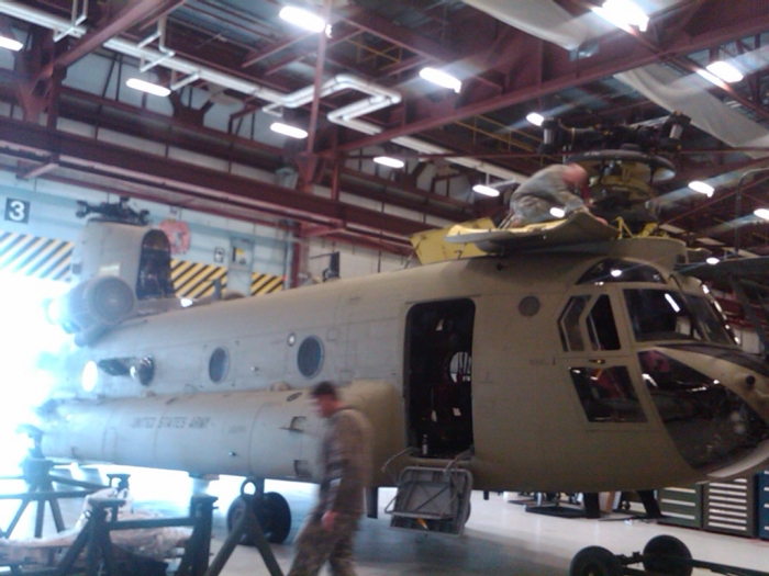 CH-47F Chinook helicopter 09-08060 inside the hangar at Fort Drum, New York, undergoing preparation for STRATAIR deployment to Afganistan.