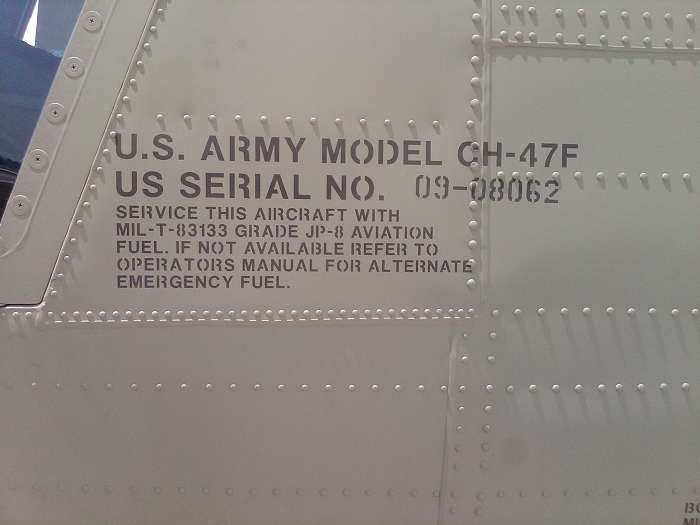 24 June 2010: The aircraft data painted on the side CH-47F Chinook helicopter 09-08062.