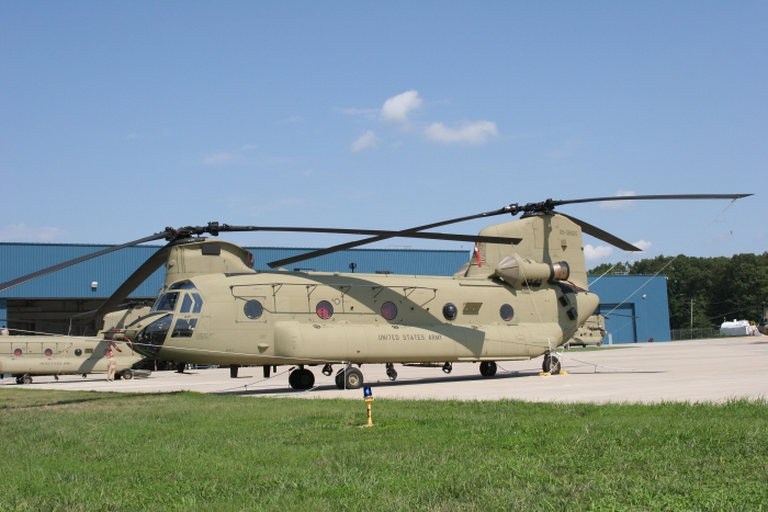 26 August 2010: CH-47F Chinook helicopter 09-08065 sits parked on the ramp near the Boeing Modification Center at Millville Airport (KMIV), Millville, New Jersey.