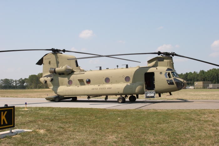 9 August 2010: CH-47F Chinook helicopter 09-08065 sits parked on the taxiway near the Boeing Modification Center at Millville Airport (KMIV), New Jersey. The airframe was utilized to support the Aircraft Qualification Course (AQC) conducted at Millville in the Summer of 2010.
