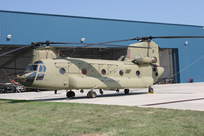 6 August 2010: CH-47F Chinook helicopter 09-08067 rests on the ramp and awaits some final maintenance and MWO installations at Millville Airport (KMIV), New Jersey, prior to delivery to the gaining unit.