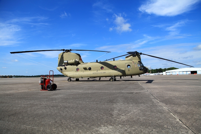 11 July 2013: CH-47F Chinook helicopter 09-08828 rests on the ramp at Hunter Army Airfield, Fort Stewart, Georgia.