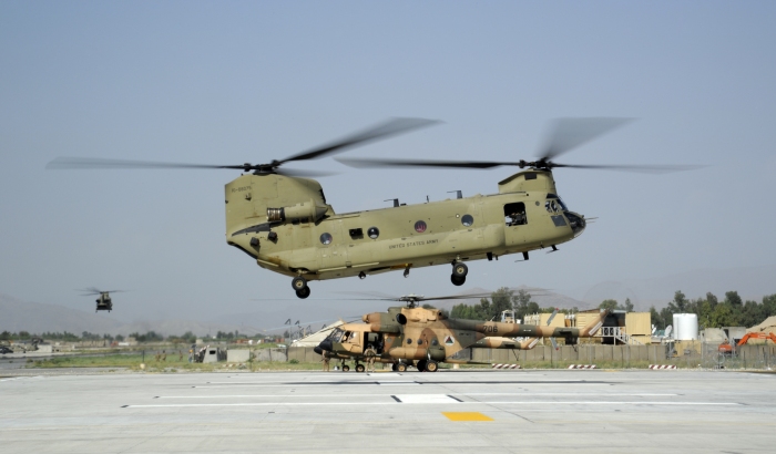 9 October 2011 - 10-08075, a U.S. Army CH-47F Chinook helicopter, takes off from Forward Operating Base (FOB) Fenty, Afghanistan.