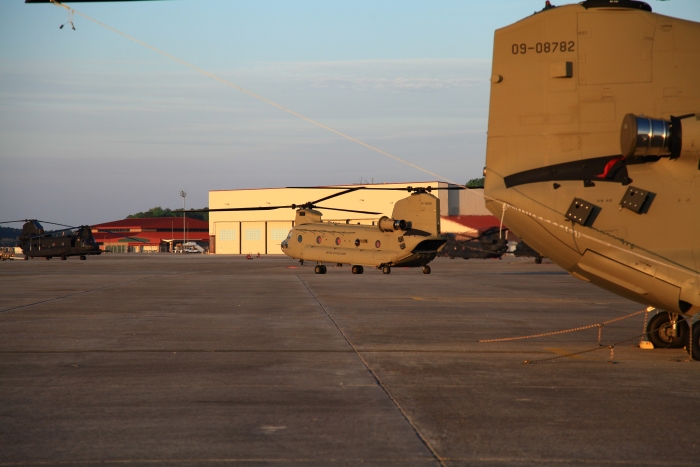 CH-47F Chinook helicopter 10-08081 departs Hunter Army Airfield, Georgia, on 30 March 2012 after reassignment to the Alabama Army National Guard located in Birmingham.