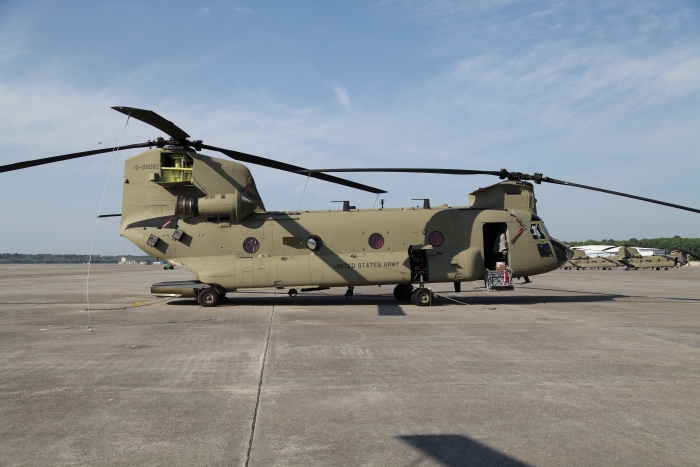 29 March 2012: A slightly used CH-47F Chinook helicopter 10-08082 rests on the ramp at Hunter Army Airfield, Fort Stewart, Georgia, awaiting its ferry flight departure to Alaska.