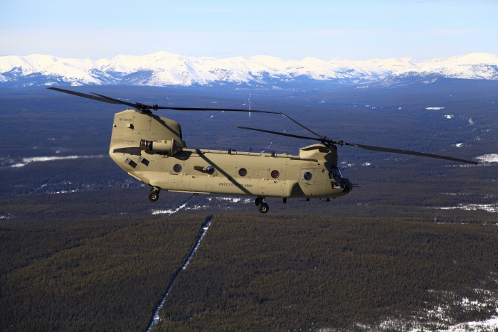 17 April 2012: CH-47F Chinook helicopter 10-08082 in flight between Edmonton, Alberta, and Fort Nelson, British Columbia, during the ferry flight to Ladd Army Airfield, Fort Wainwright, Alaska.