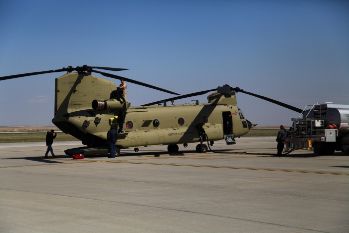 11 April 2012: CH-47F Chinook helicopter 10-08082 refueling at Rapid City, South Dakota, while enroute to Ladd Army Airfield, Fort Wainwright, Alaska.