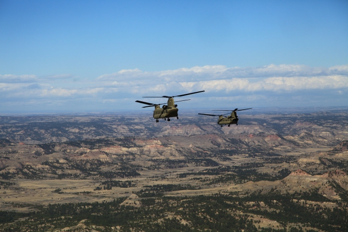 12 April 2012: CH-47F Chinook helicopters 10-08082 and 08-08764 inflight vicinity Powder River Basin, Wyoming, while enroute to Ladd Army Airfield, Fort Wainwright, Alaska.
