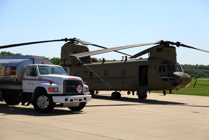 10 April 2012: CH-47F Chinook helicopter 10-08082 refueling at Spirit of St. Louis Airport while enroute to Ladd Army Airfield, Fort Wainwright, Alaska.