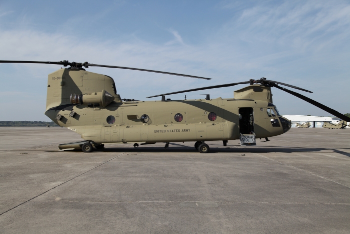 29 March 2012: A slightly used CH-47F Chinook helicopter 10-08083 rests on the ramp at Hunter Army Airfield, Fort Stewart, Georgia, awaiting its ferry flight departure to Alaska.
