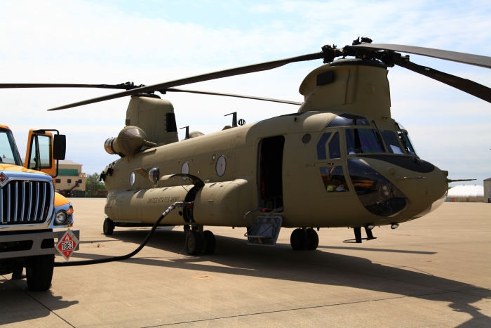 10 April 2012: CH-47F Chinook helicopter 10-08083 refueling at Fort Campbell (KHOP), Kentucky, while enroute to Alaska.