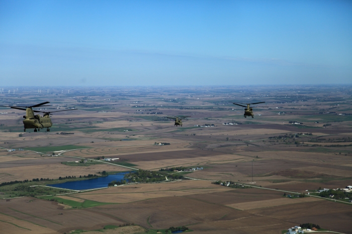 11 April 2012: CH-47F Chinook helicopter 10-08083, as Chalk 3, accompanies Sortie 1 across northern Missouri enroute to Sioux City, Iowa. Numerous windmill farms were spotted along the route.
