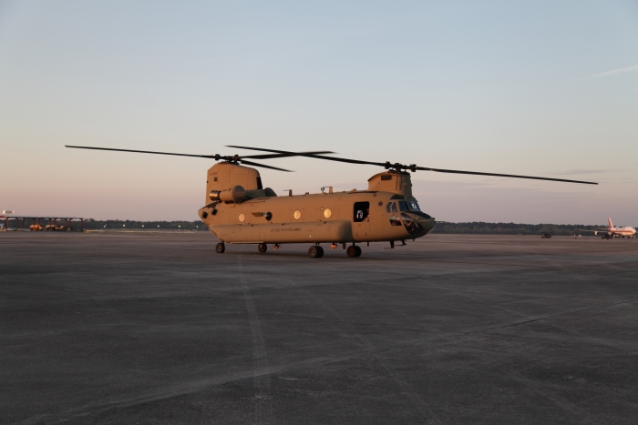 CH-47F Chinook helicopter 10-08087 departing Hunter Army Airfield, Georgia, 30 March 2012 after reassignment to the Alabama Army National Guard located in Birmingham.